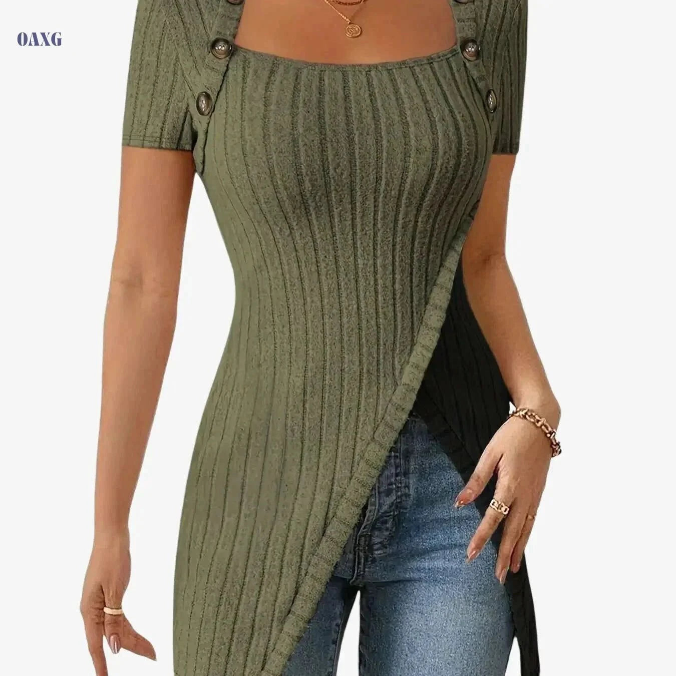 Women's Square Neck Asymmetrical Blouse - Soft Stretch, Casual Style   OAXG Light Grey / S
