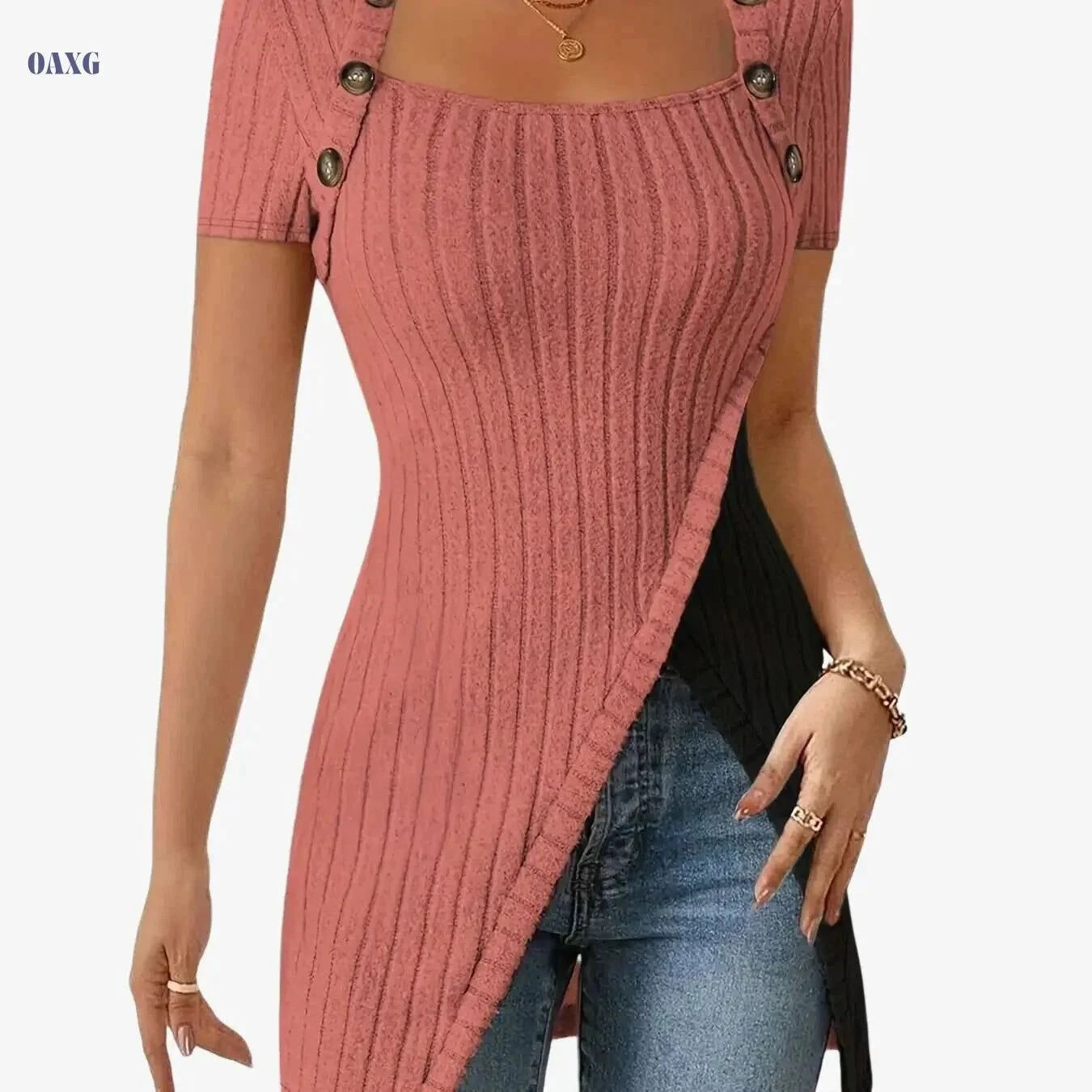Women's Square Neck Asymmetrical Blouse - Soft Stretch, Casual Style   OAXG Light Grey / S