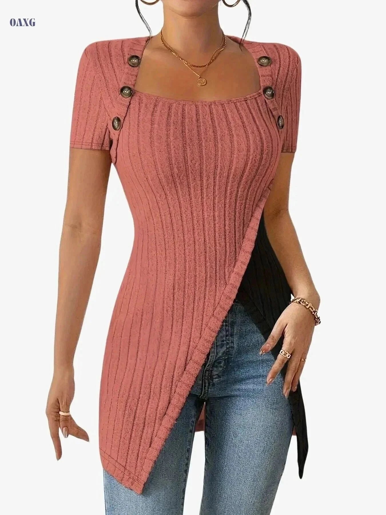 Women's Square Neck Asymmetrical Blouse - Soft Stretch, Casual Style   OAXG Light Grey / S