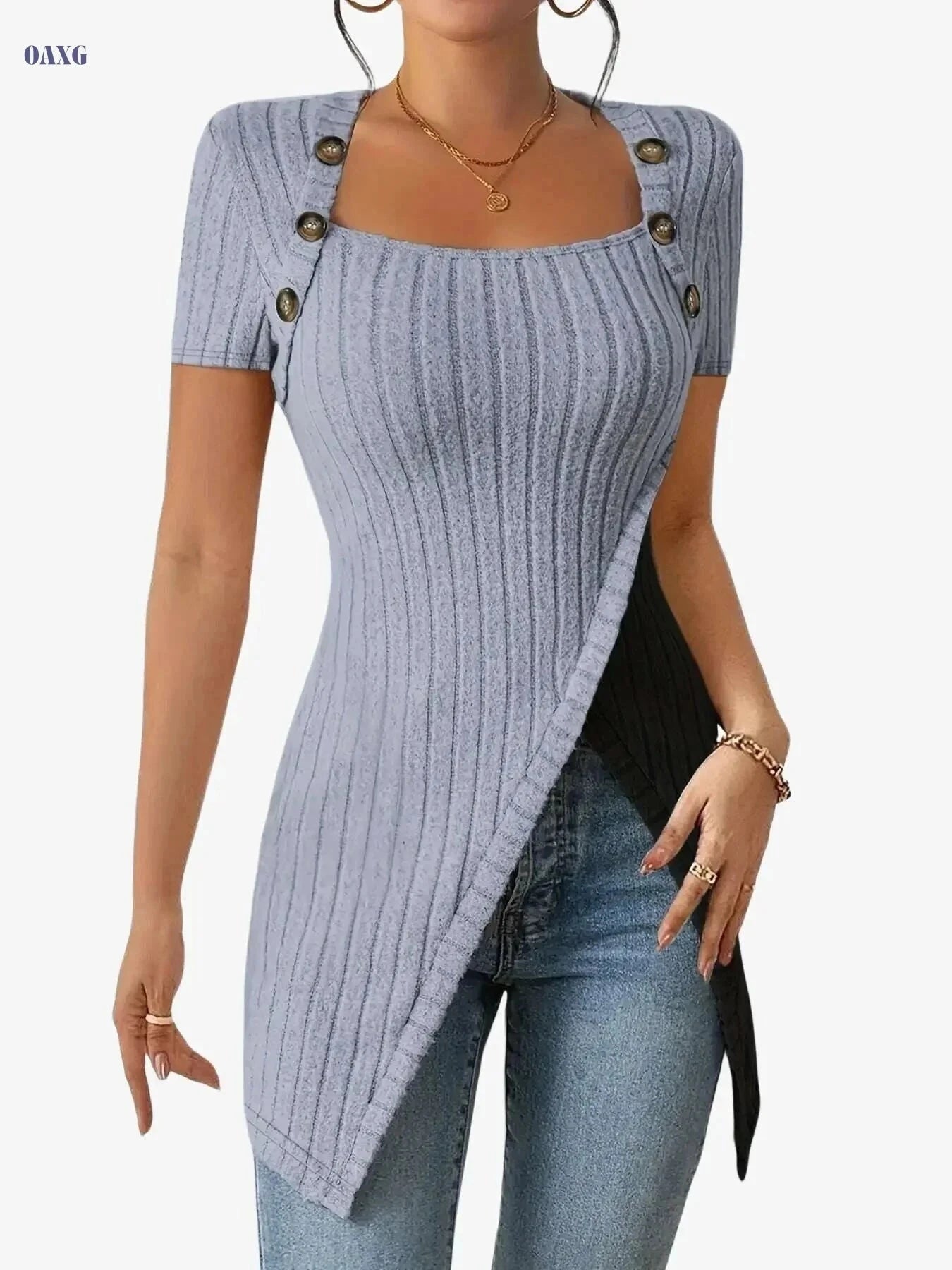 Women's Square Neck Asymmetrical Blouse - Soft Stretch, Casual Style   OAXG Light Grey / S