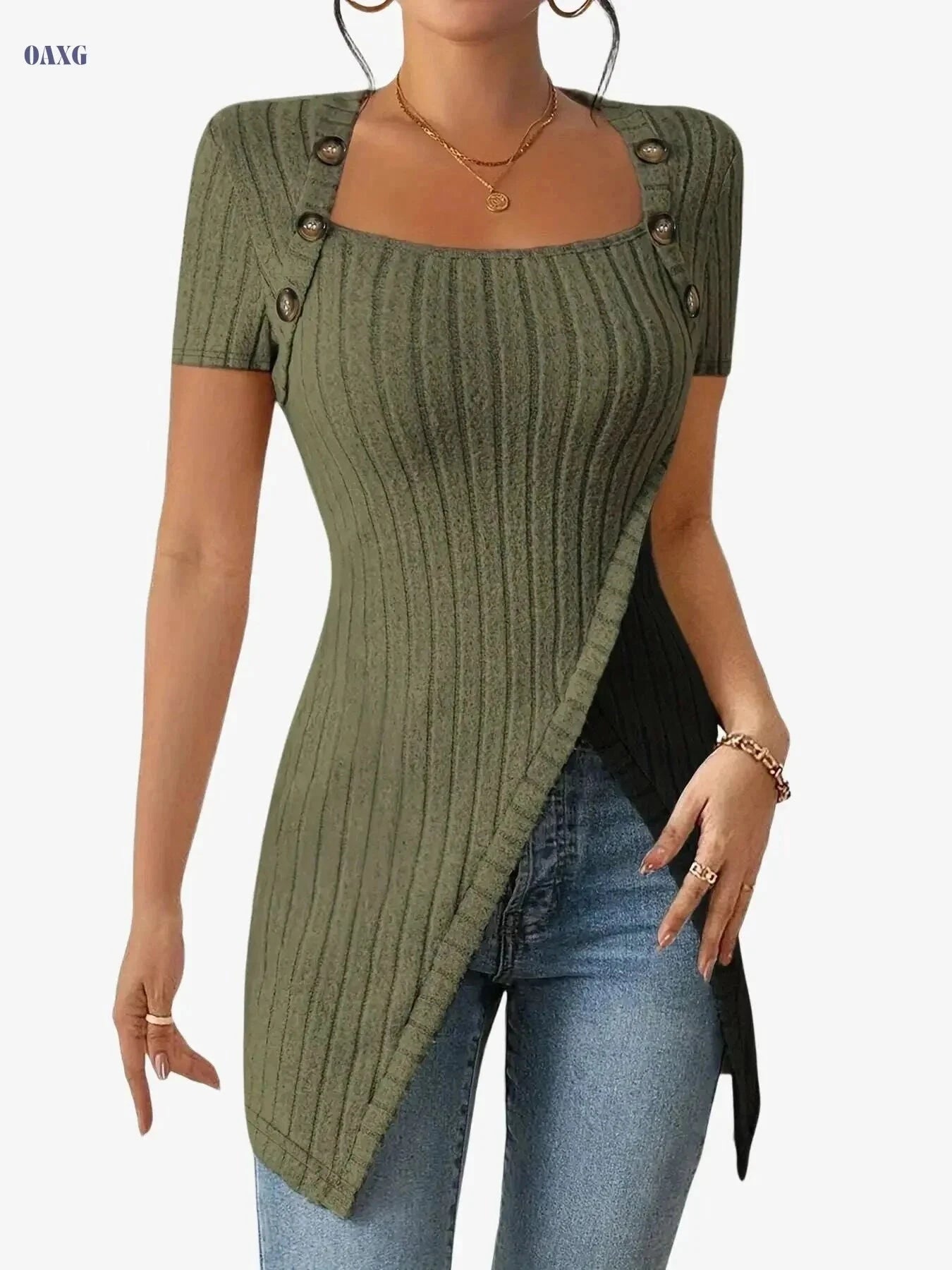Women's Square Neck Asymmetrical Blouse - Soft Stretch, Casual Style   OAXG Light Grey / S