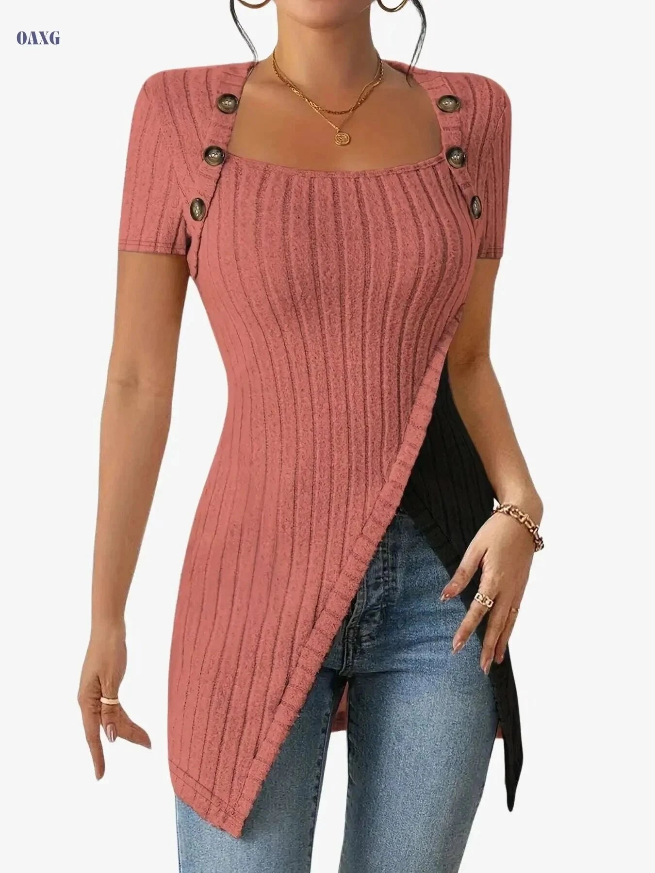 Women's Square Neck Asymmetrical Blouse - Soft Stretch, Casual Style   OAXG Light Grey / S