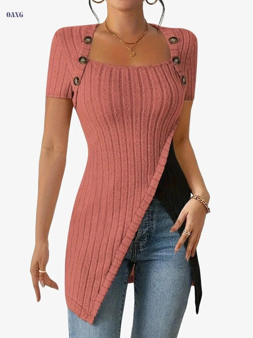 Women's Square Neck Asymmetrical Blouse - Soft Stretch, Casual Style   OAXG Light Grey / S