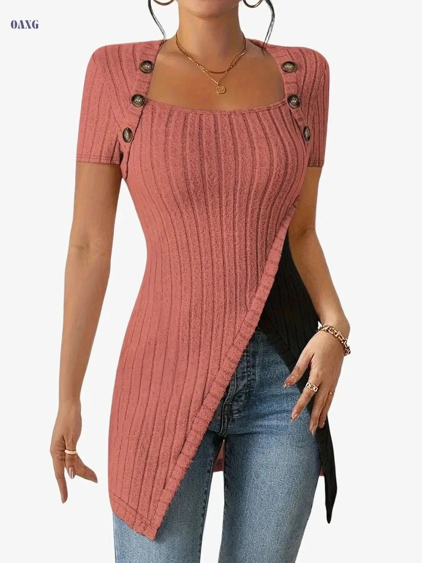 Women's Square Neck Asymmetrical Blouse - Soft Stretch, Casual Style   OAXG Light Grey / S