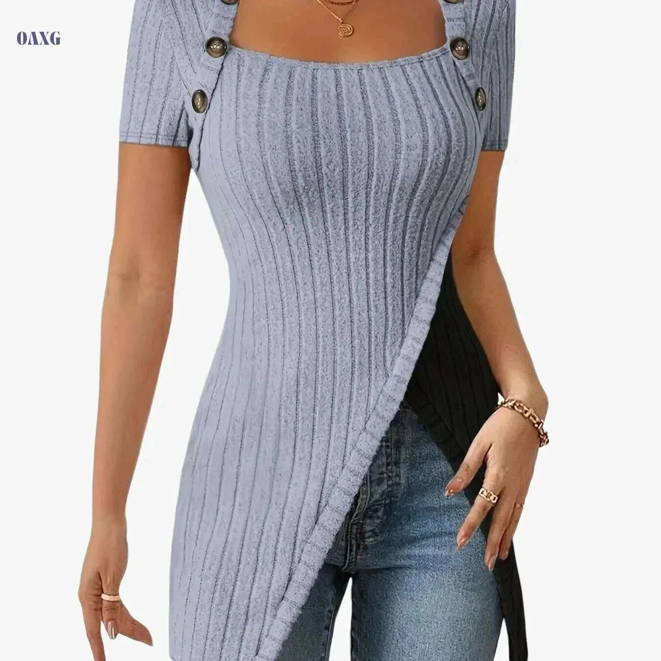 Women's Square Neck Asymmetrical Blouse - Soft Stretch, Casual Style   OAXG Light Grey / S