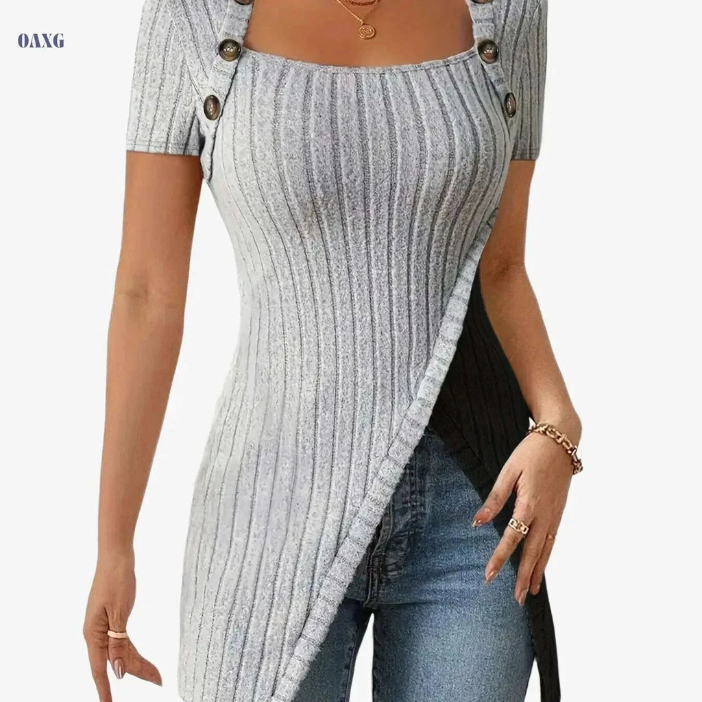 Women's Square Neck Asymmetrical Blouse - Soft Stretch, Casual Style   OAXG Light Grey / S