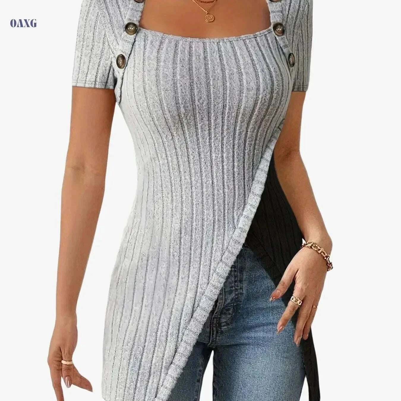 Women's Square Neck Asymmetrical Blouse - Soft Stretch, Casual Style   OAXG Light Grey / S