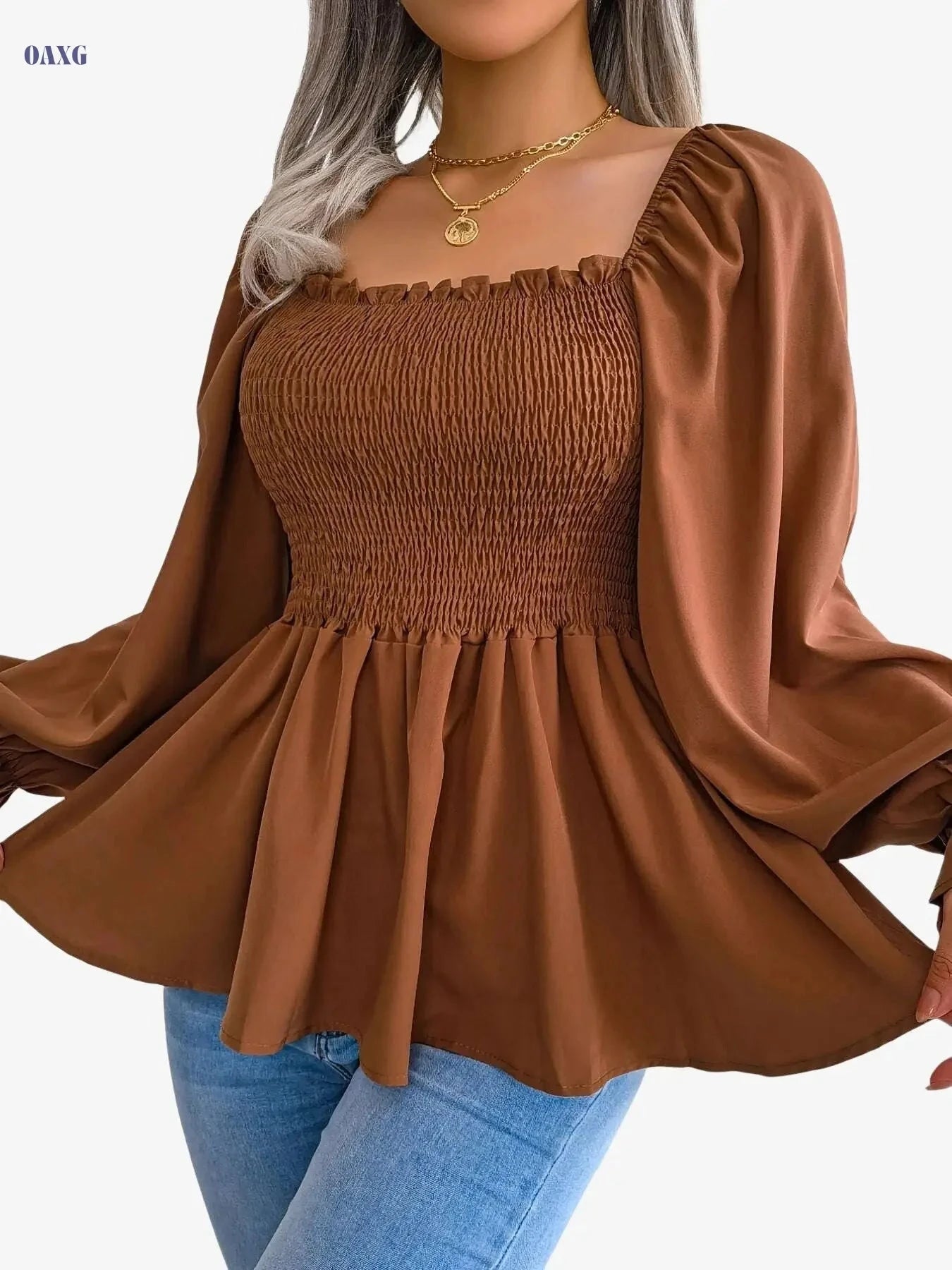 Women's Square Neck Blouse - Casual Chic Flared Sleeves Style   OAXG 