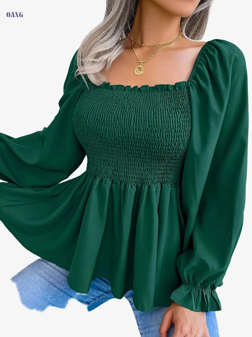 Women's Square Neck Blouse - Casual Chic Flared Sleeves Style   OAXG Black / S