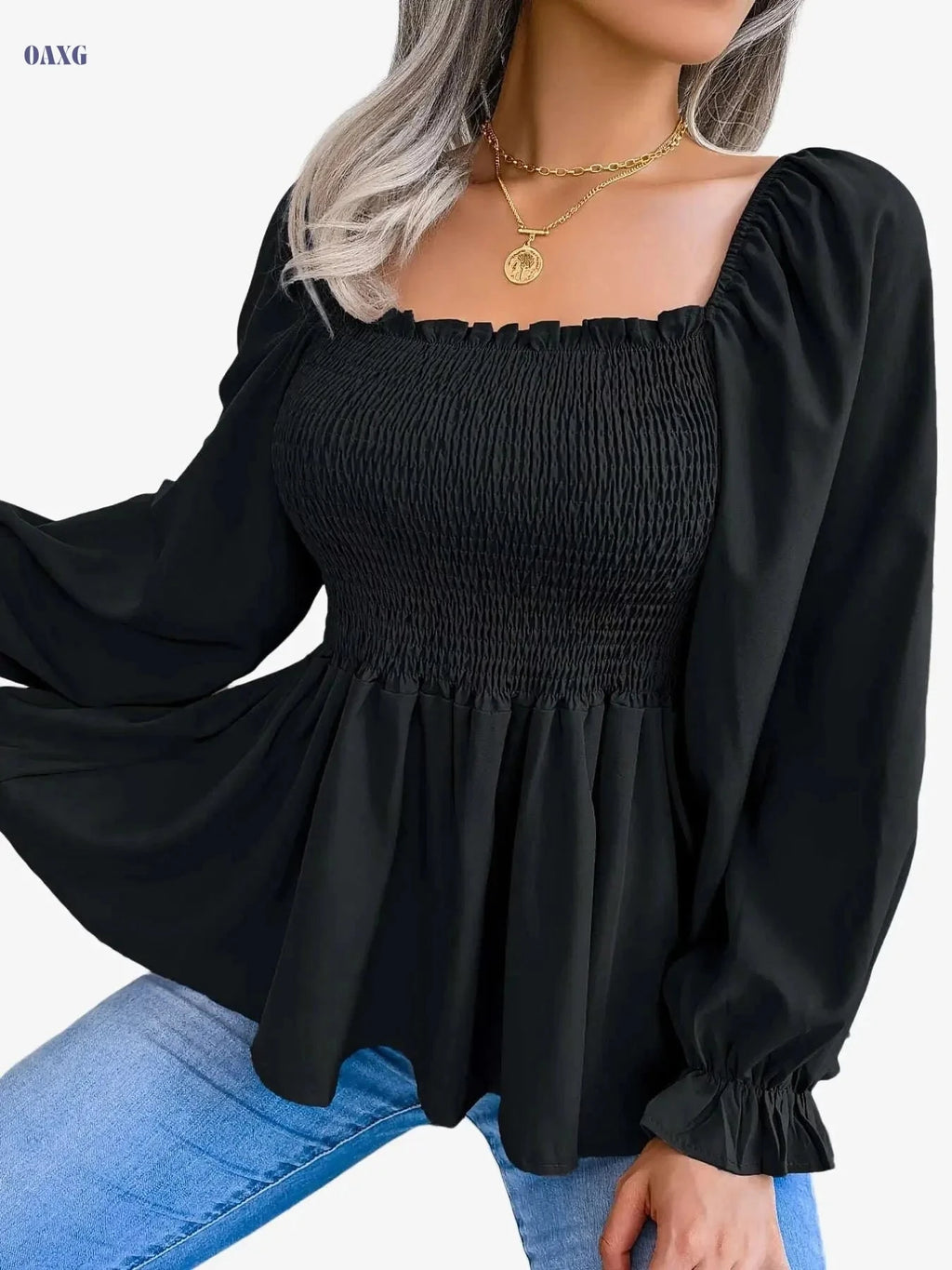 Women's Square Neck Blouse - Casual Chic Flared Sleeves Style   OAXG 
