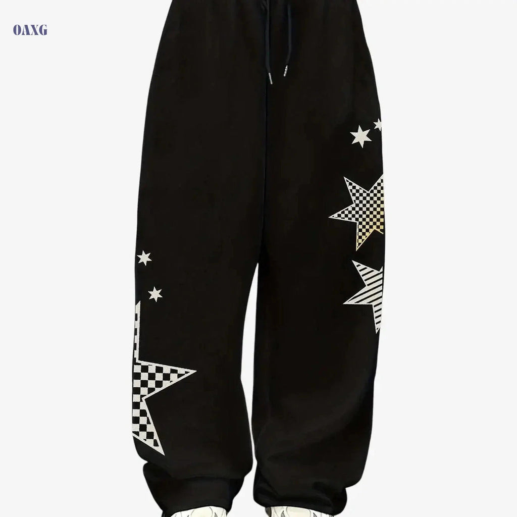 Women's Star Print Casual Sports Pants - Straight Leg, Drawstring Waist   OAXG 