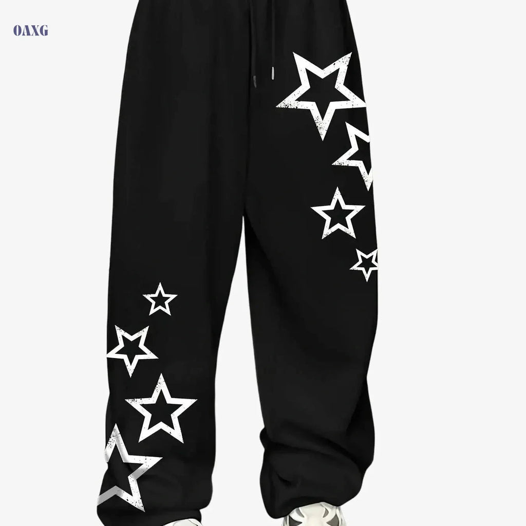 Women's Star Print Lounge Pants - Stretchy Ribbed Winter Joggers   OAXG Black / XS