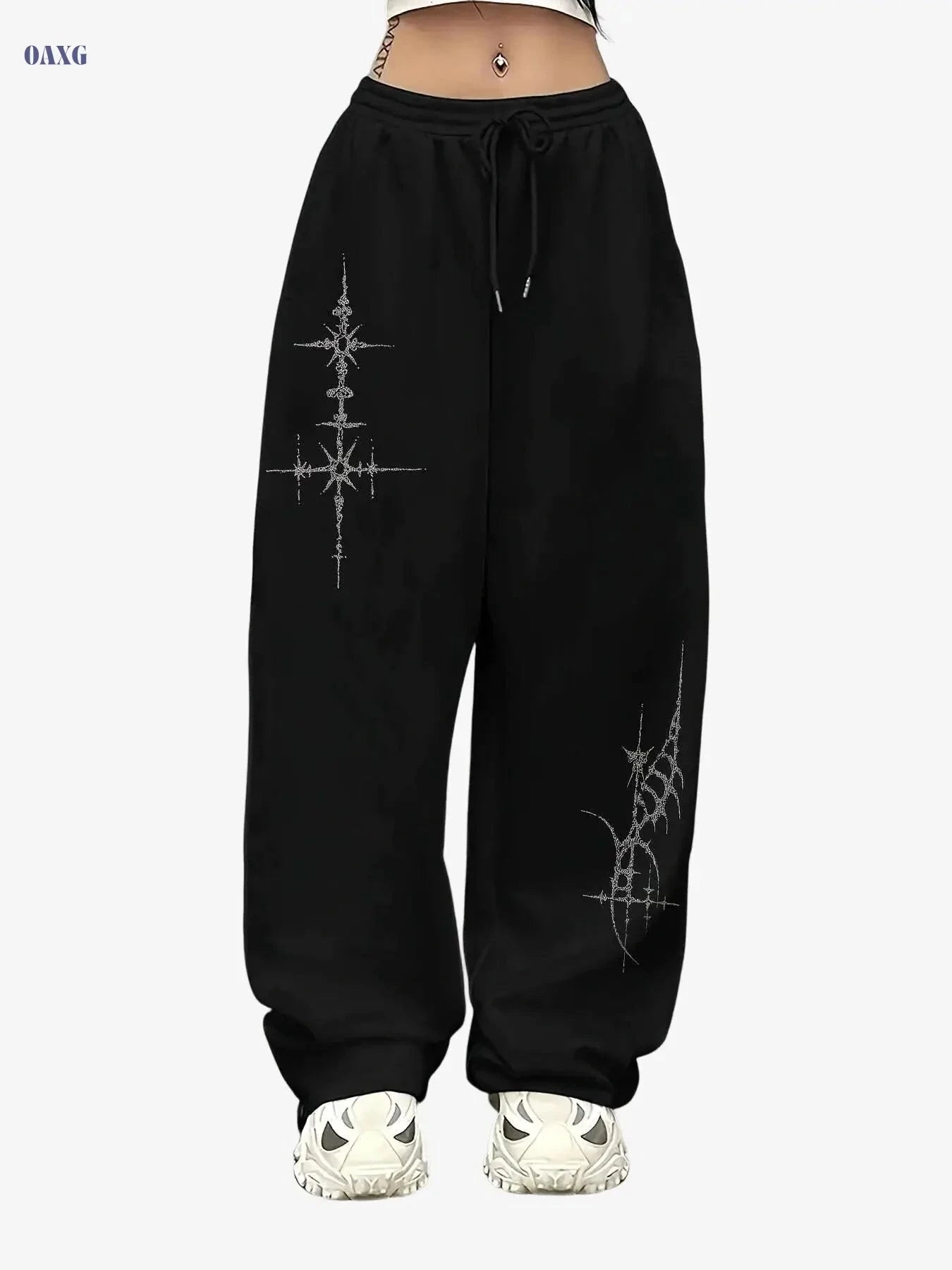 Women's Straight-Leg Athletic Pants - Stylish Cross Print, Loose-Fit   OAXG 