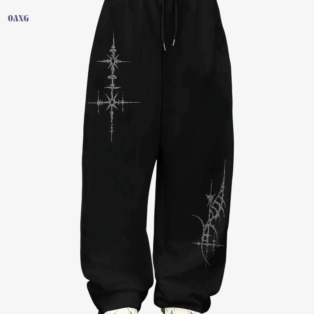 Women's Straight-Leg Athletic Pants - Stylish Cross Print, Loose-Fit   OAXG Black / S