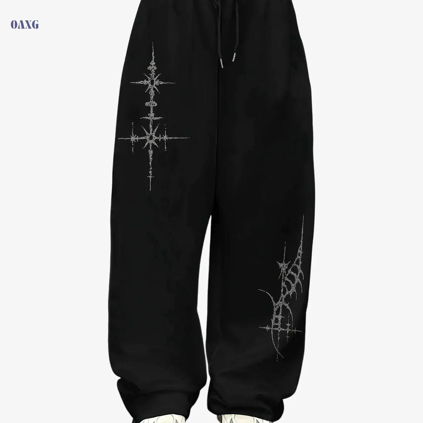Women's Straight-Leg Athletic Pants - Stylish Cross Print, Loose-Fit   OAXG Black / S