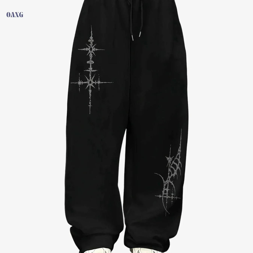 Women's Straight-Leg Athletic Pants - Stylish Cross Print, Loose-Fit   OAXG Black / S