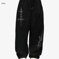 Women's Straight-Leg Athletic Pants - Stylish Cross Print, Loose-Fit   OAXG Black / S