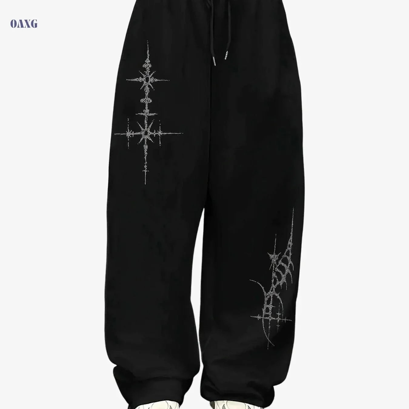 Women's Straight-Leg Athletic Pants - Stylish Cross Print, Loose-Fit   OAXG Black / S