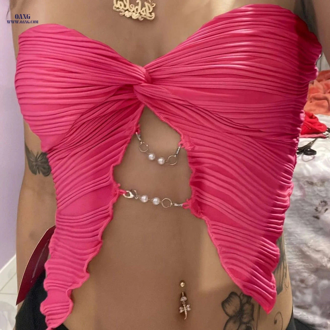 Women's Strapless Asymmetric Chain Top - Perfect for Summer Events   OAXG 