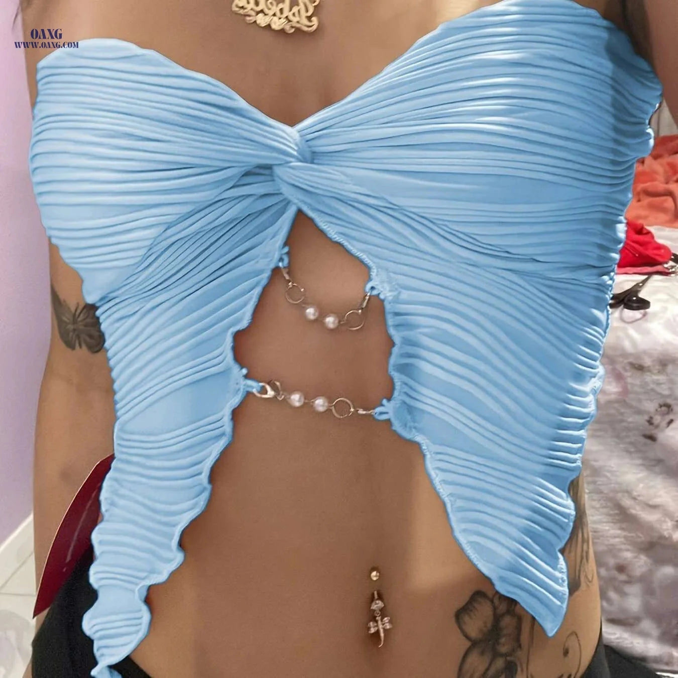 Women's Strapless Asymmetric Chain Top - Perfect for Summer Events   OAXG 