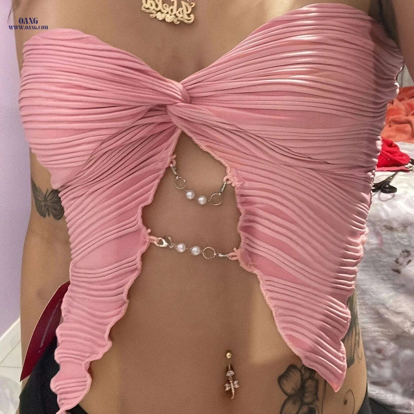 Women's Strapless Asymmetric Chain Top - Perfect for Summer Events   OAXG Black / XXS