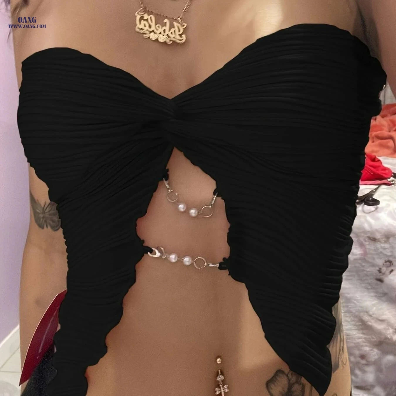Women's Strapless Asymmetric Chain Top - Perfect for Summer Events   OAXG Black / XXS