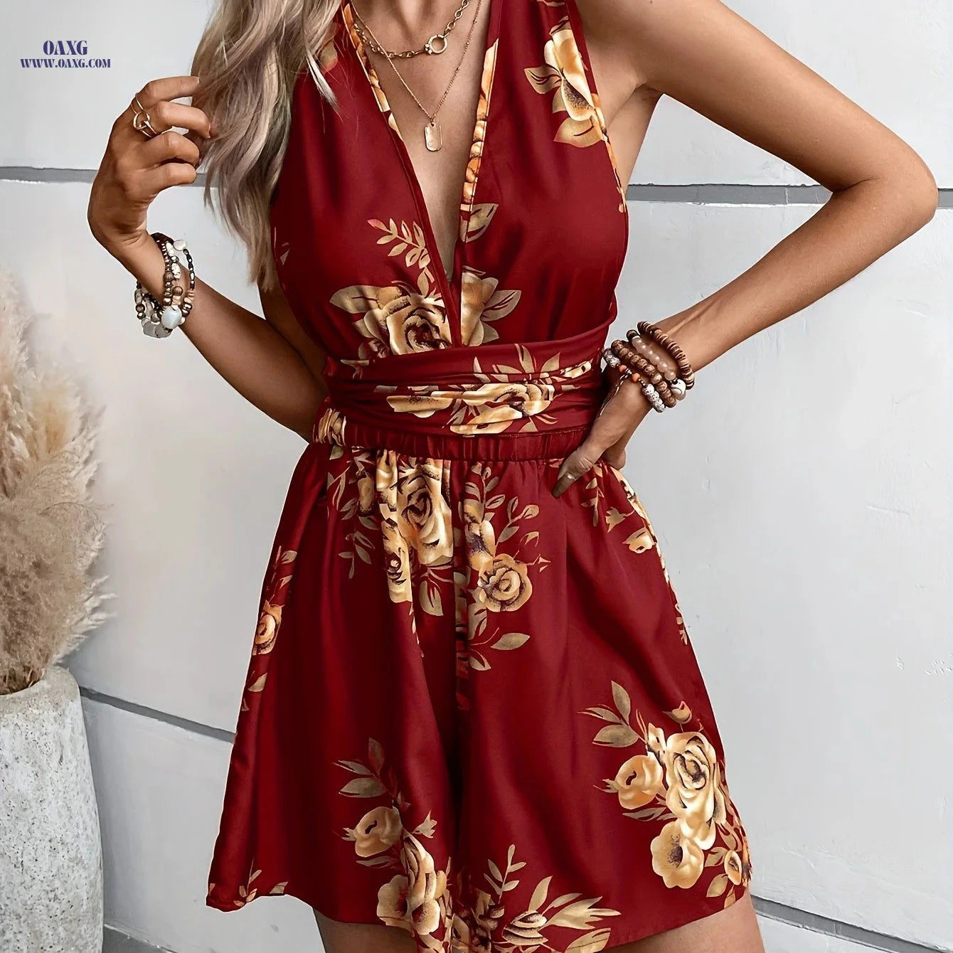 Women's Strappy Backless Floral Jumpsuit - Summer Casual Style   OAXG Claret / XS