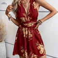 Women's Strappy Backless Floral Jumpsuit - Summer Casual Style   OAXG Claret / XS
