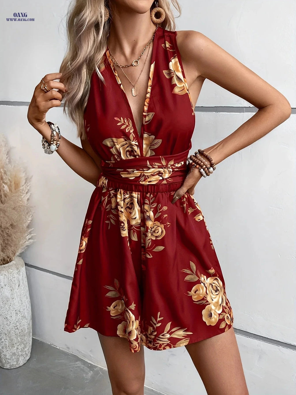 Women's Strappy Backless Floral Jumpsuit - Summer Casual Style   OAXG Claret / XS