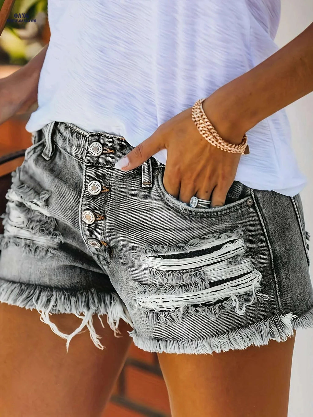 Women's Stretch Denim Casual Shorts - Mid-Rise Ripped Frayed Hem   OAXG 