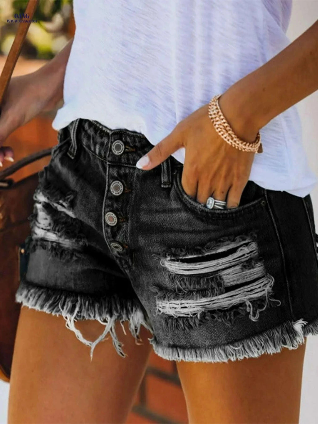 Women's Stretch Denim Casual Shorts - Mid-Rise Ripped Frayed Hem   OAXG 