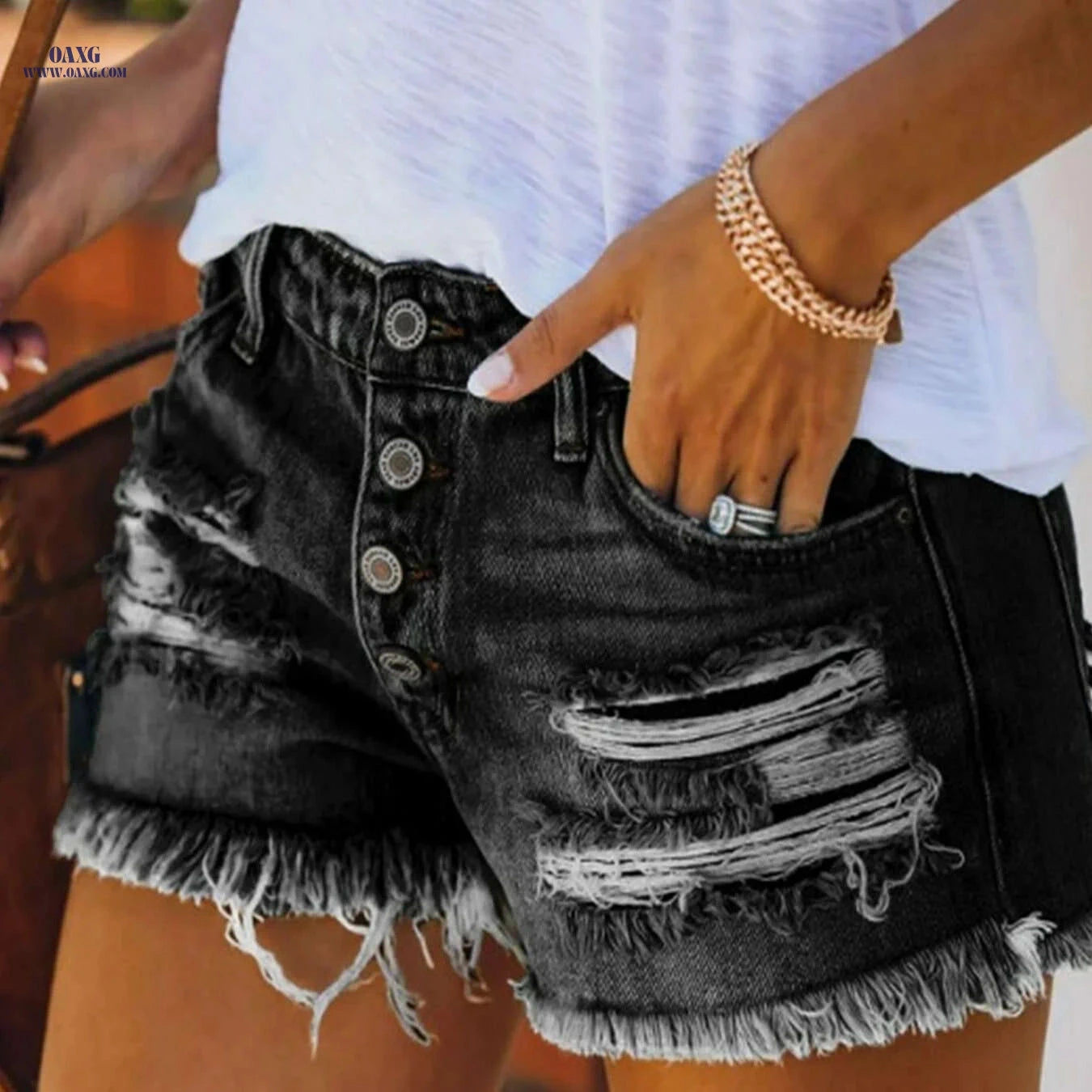 Women's Stretch Denim Casual Shorts - Mid-Rise Ripped Frayed Hem   OAXG 