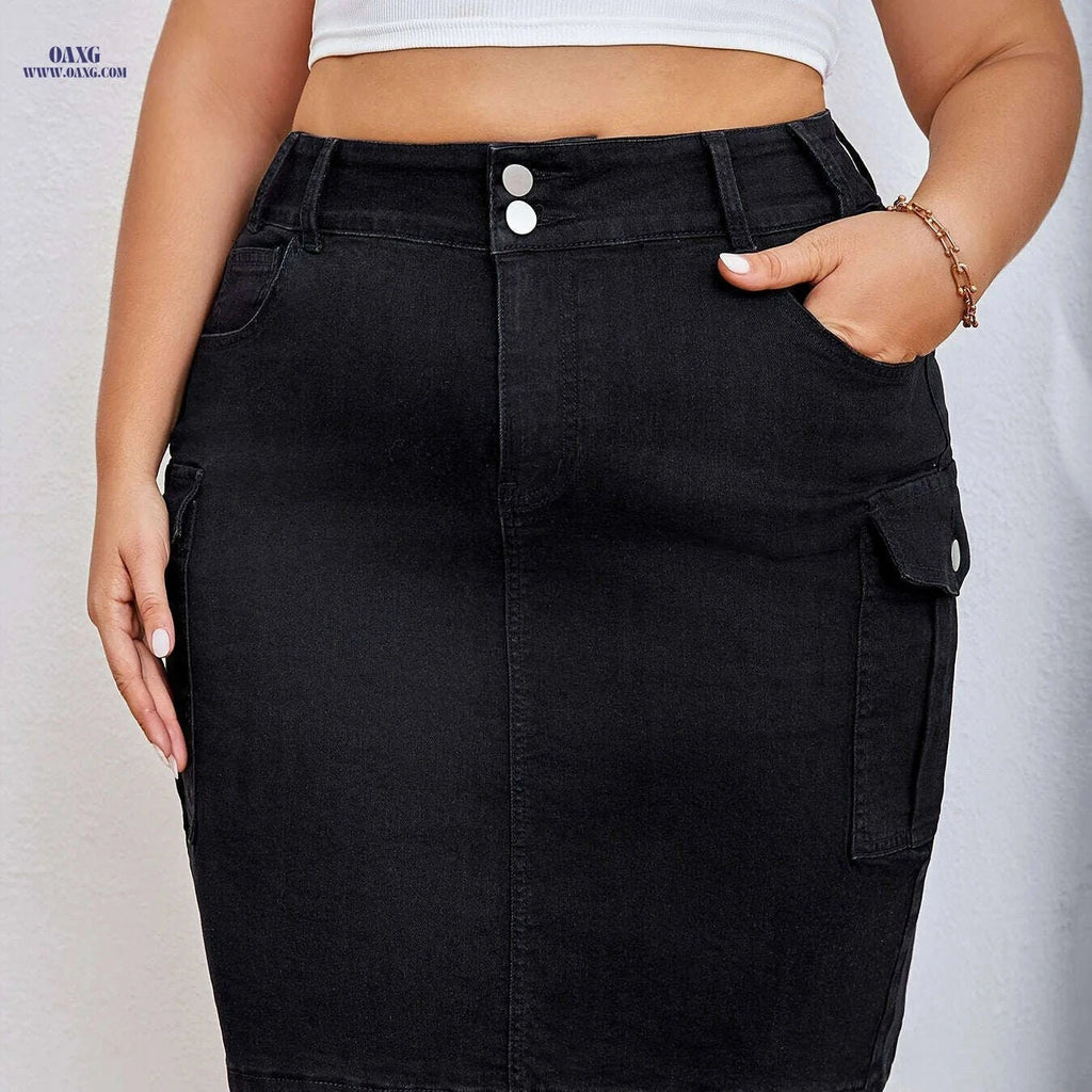 Women's Stretch Denim Midi Skirt - Casual to Semi-Formal Style   OAXG Black / S