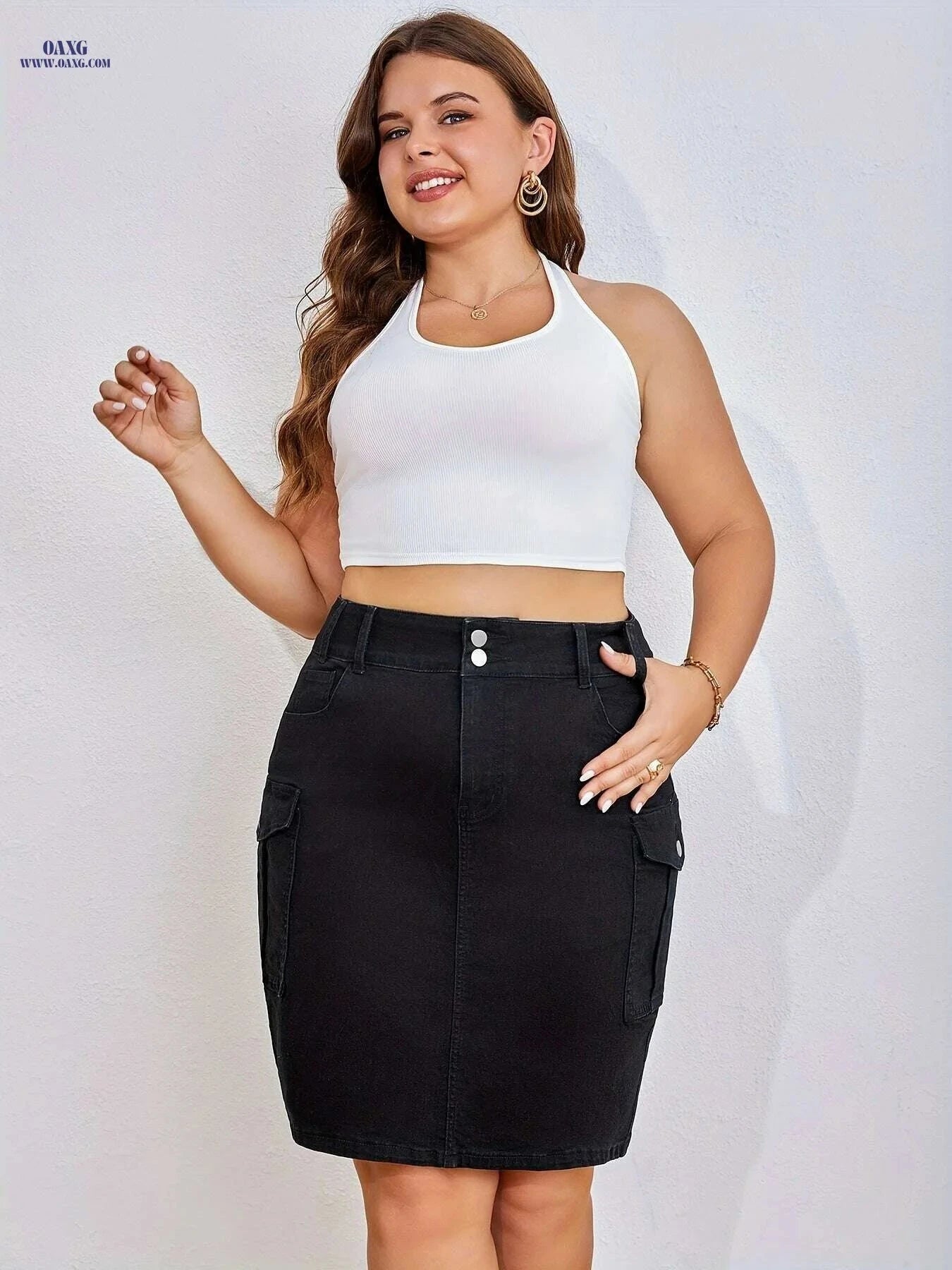 Women's Stretch Denim Midi Skirt - Casual to Semi-Formal Style   OAXG Black / S
