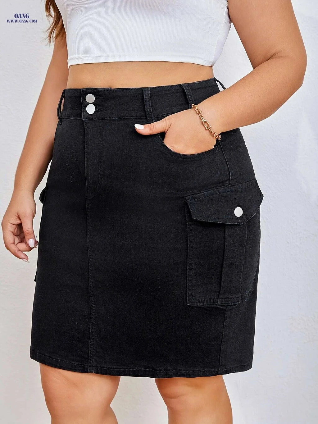 Women's Stretch Denim Midi Skirt - Casual to Semi-Formal Style   OAXG Black / S
