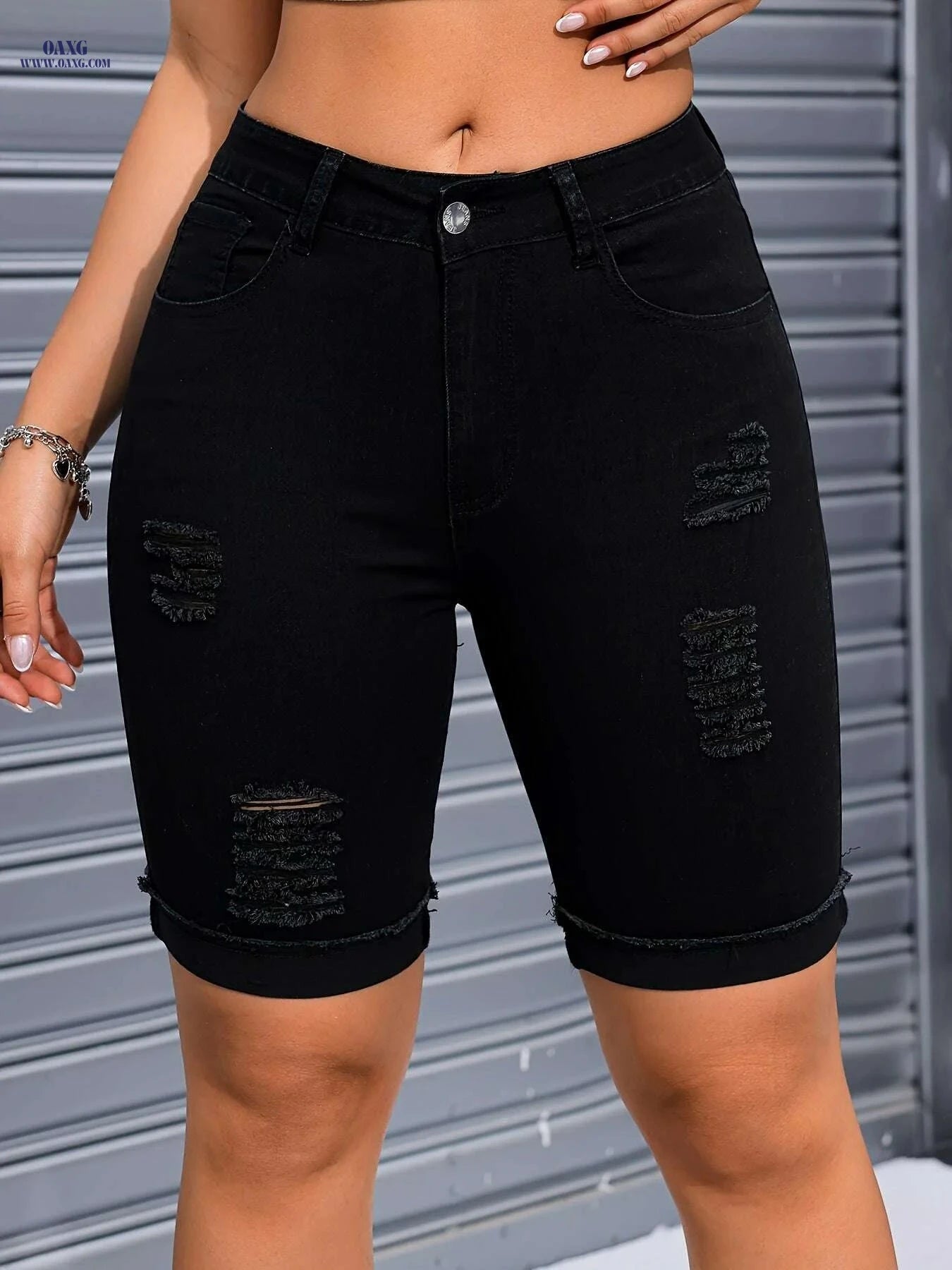 Women's Stretch Denim Riding Pants - Frayed Hem, High Elasticity   OAXG 