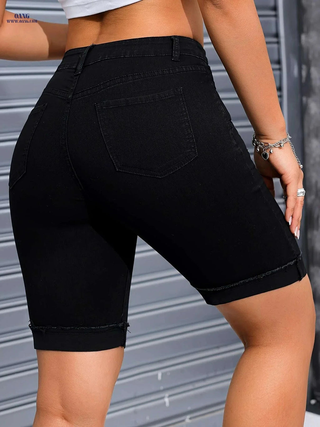 Women's Stretch Denim Riding Pants - Frayed Hem, High Elasticity   OAXG 