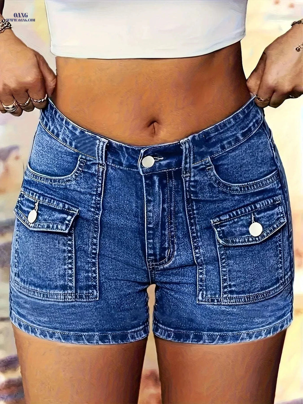 Women's Stretch Denim Shorts - Elegant Design, Multiple Cargo Pockets   OAXG 
