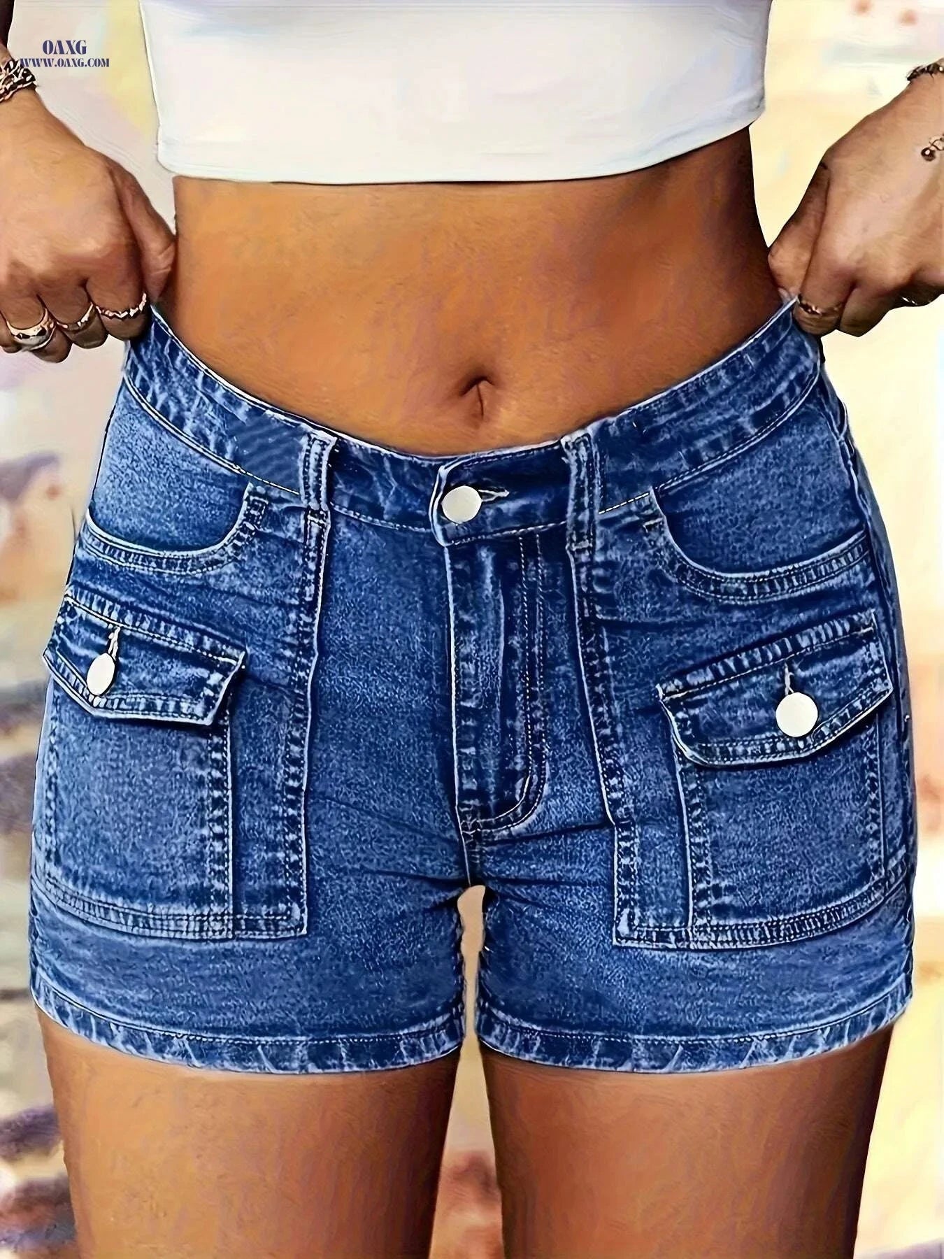 Women's Stretch Denim Shorts - Elegant Design, Multiple Cargo Pockets   OAXG 