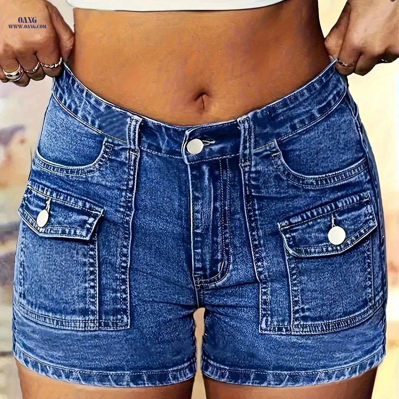 Women's Stretch Denim Shorts - Elegant Design, Multiple Cargo Pockets   OAXG 