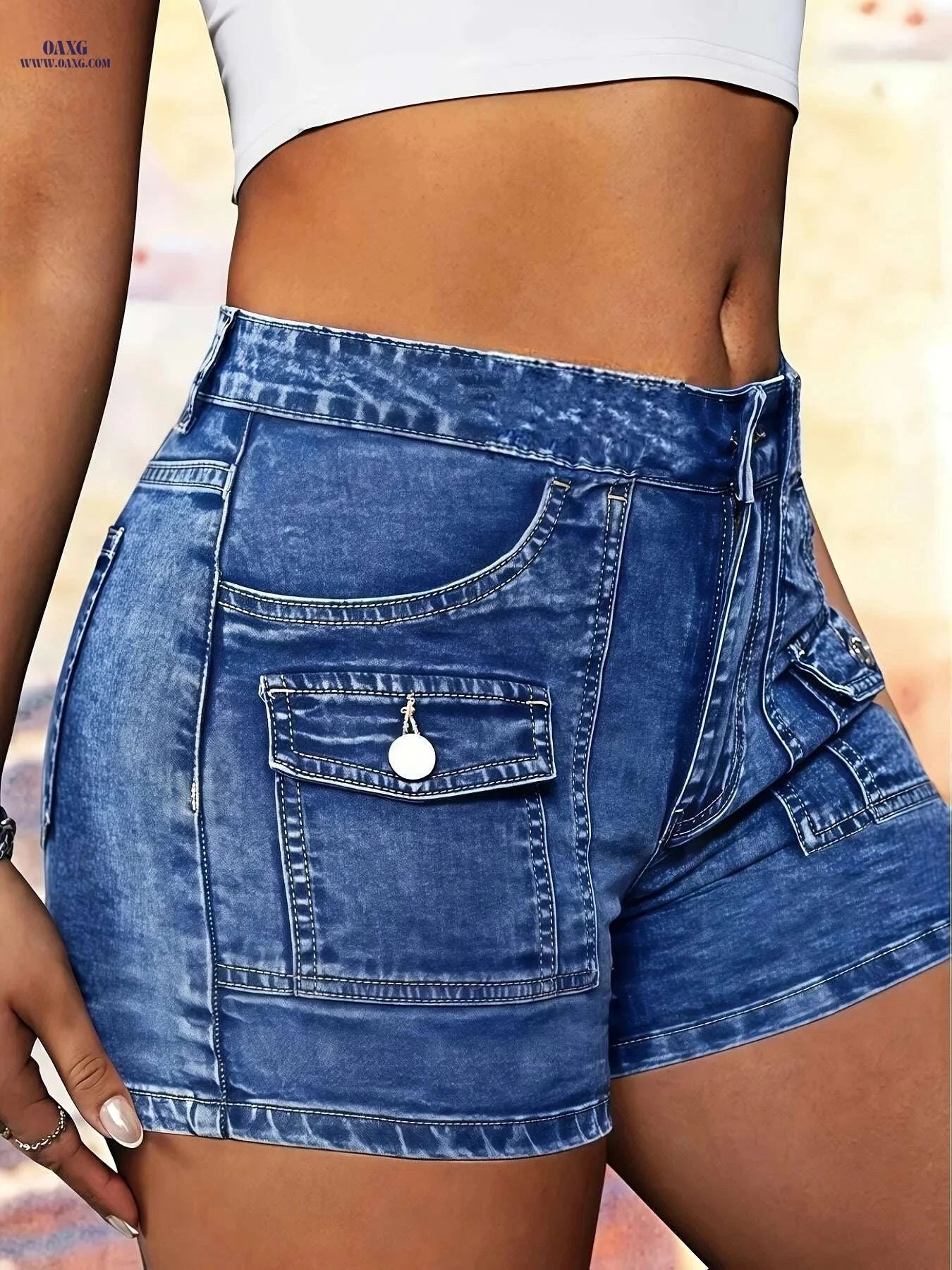 Women's Stretch Denim Shorts - Elegant Design, Multiple Cargo Pockets   OAXG 
