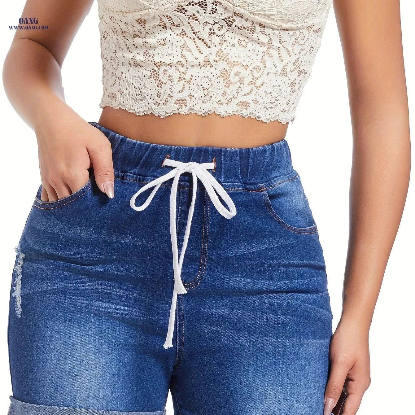 Women's Stretch Denim Shorts - Mid Waist Casual Beach Attire   OAXG Blue / XS