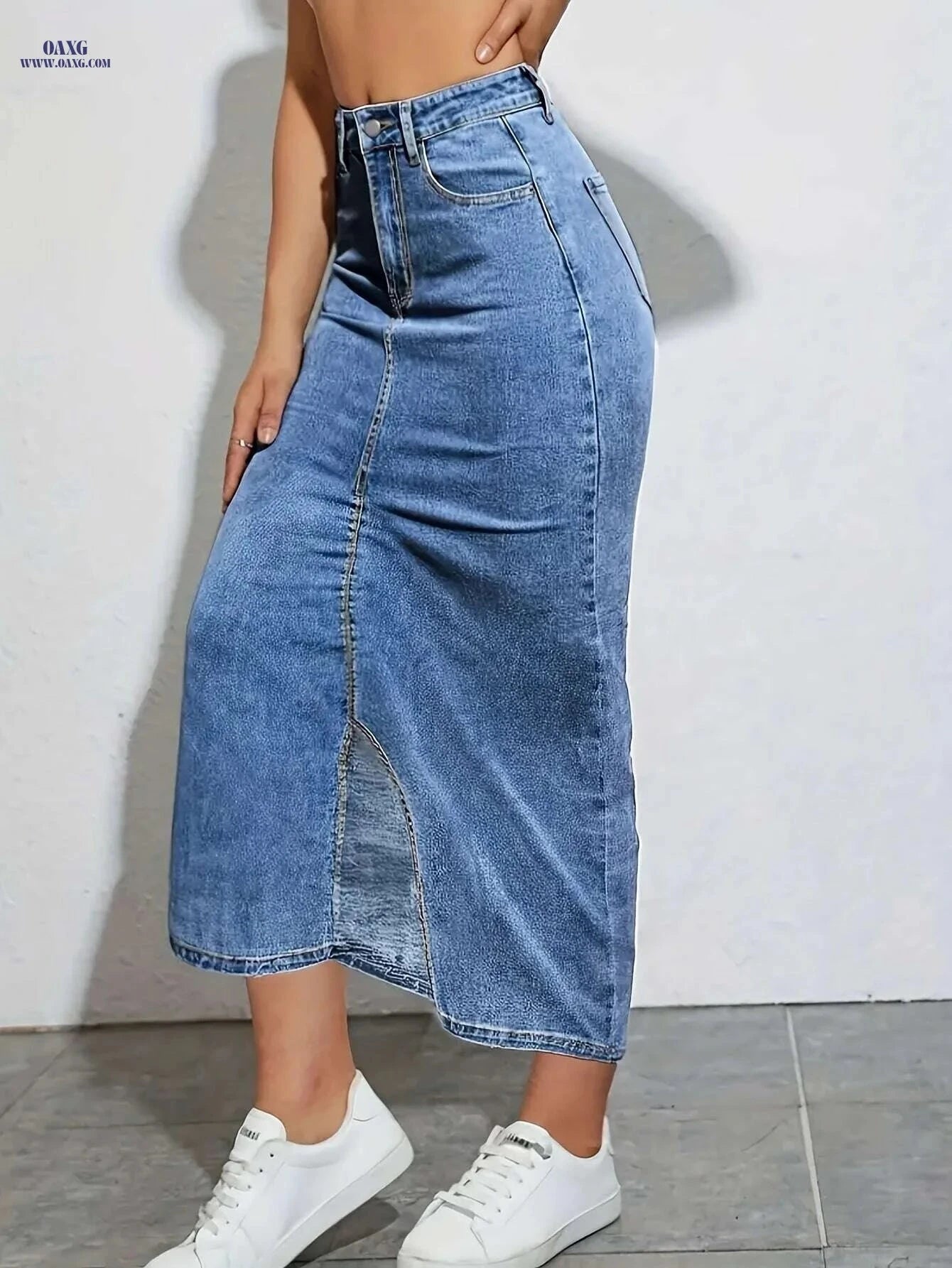 Women's Stretch Denim Skirt - Elastic Waist, Slit Hem Design   OAXG 
