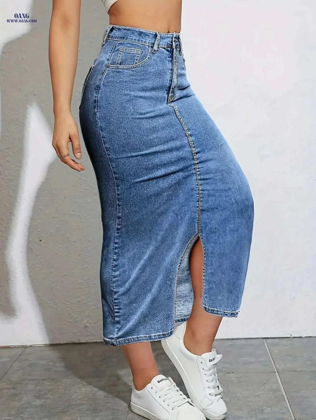Women's Stretch Denim Skirt - Elastic Waist, Slit Hem Design   OAXG Sky Blue / S