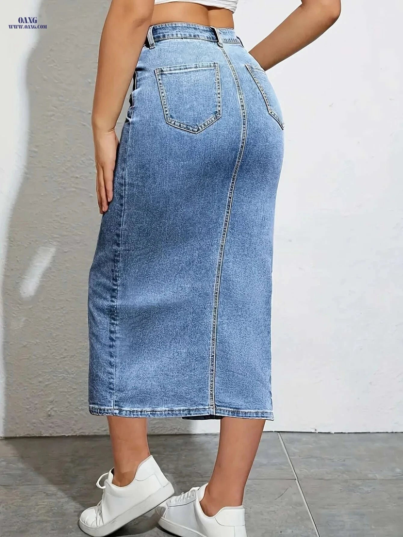 Women's Stretch Denim Skirt - Elastic Waist, Slit Hem Design   OAXG Sky Blue / S