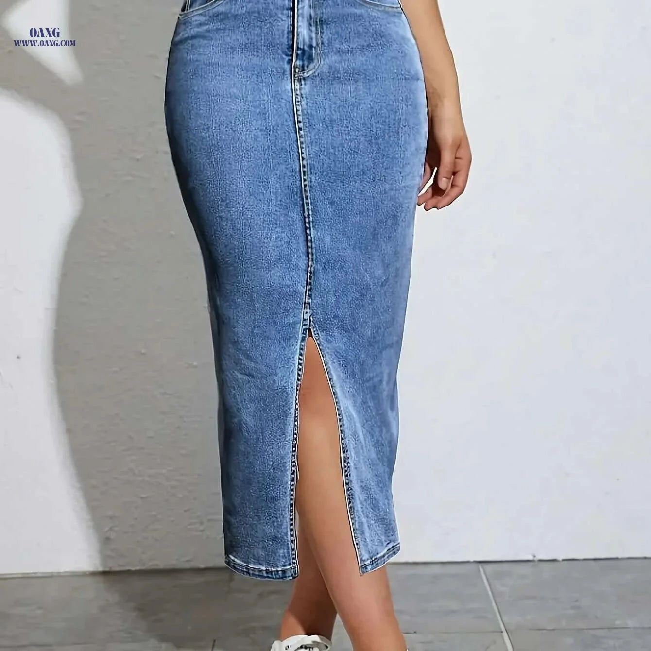 Women's Stretch Denim Skirt - Elastic Waist, Slit Hem Design   OAXG Sky Blue / S