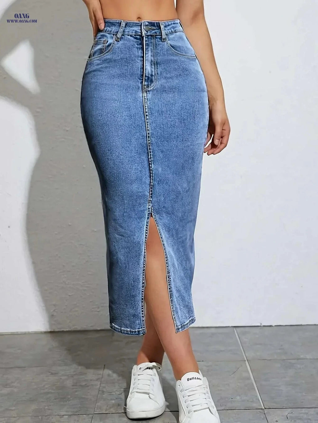 Women's Stretch Denim Skirt - Elastic Waist, Slit Hem Design   OAXG Sky Blue / S