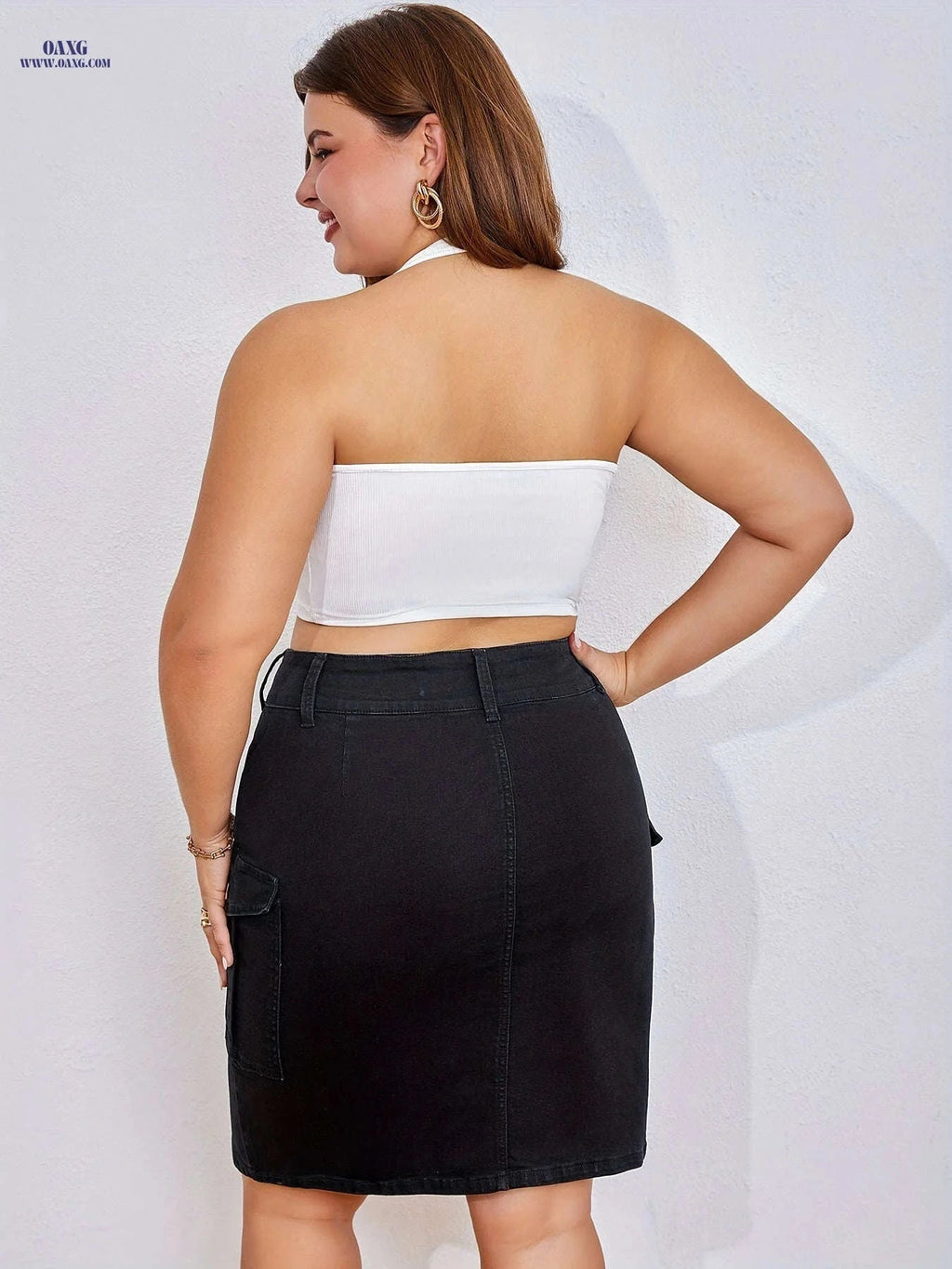 Women's Stretch Denim Skirt - Multi-Pocket, Elegant Design for All Seasons   OAXG 