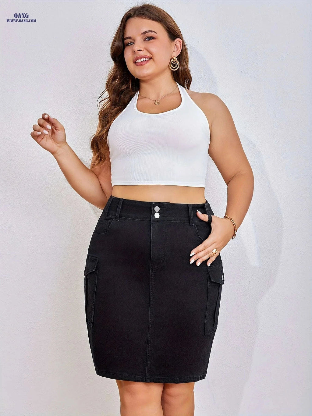 Women's Stretch Denim Skirt - Multi-Pocket, Elegant Design for All Seasons   OAXG Black / S