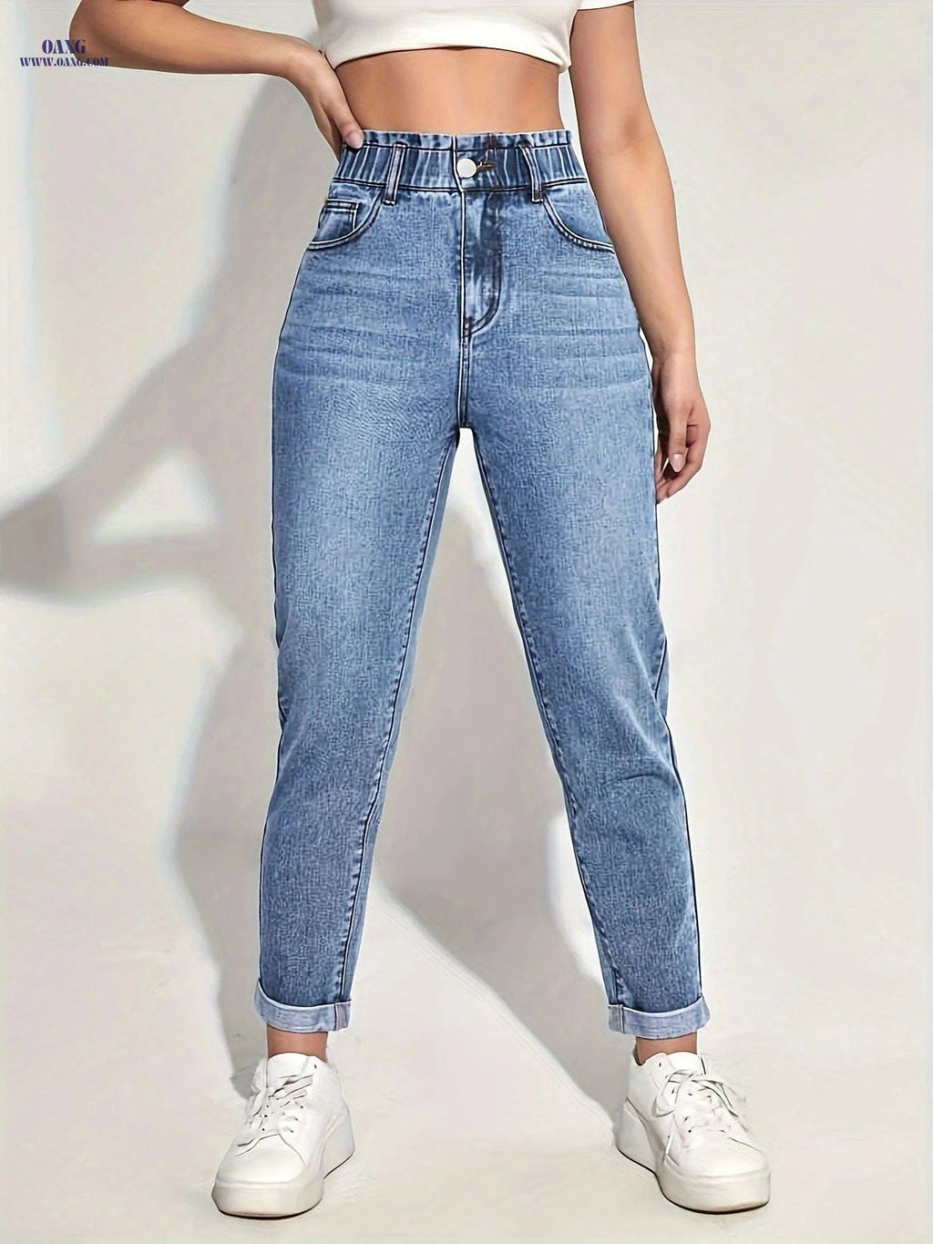 Women's Stretch Skinny Jeans - Elastic Waist, Non-See-Through Fabric   OAXG Medium Blue / S